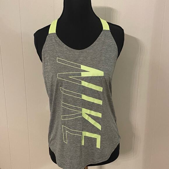 Nike Breathe Elastika Dri-Fit Training Running Gym Strappy Tank Grey Yellow SZ S - Picture 1 of 7